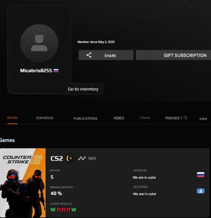 CS256 FACEIT 4 LVL - 989 ELO - 2023 Registration - Non‑Verified - No Prime - With Native Mail 
